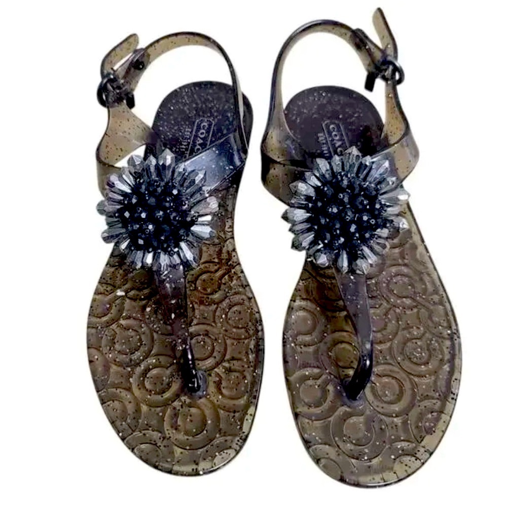 Coach “Hilda” Smoke Jelly Thong Glitter Sandals with Silver and Black, 9B